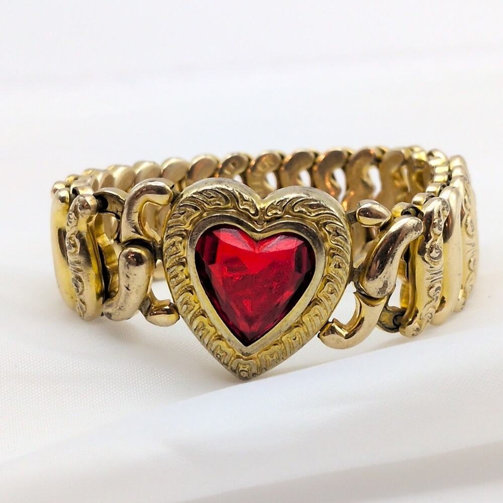 VTG 1940s American Queen Sweetheart Expansion Bracelet Red Heart Gold Tone